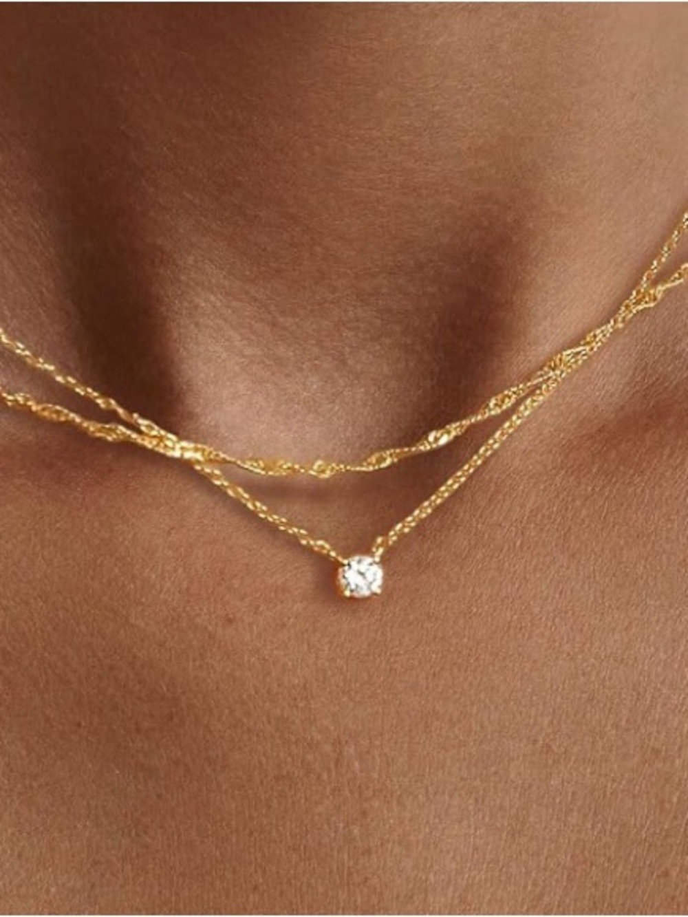 14K Gold Plated Double-Layer Trendy Necklace with CZ Pendant